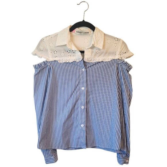 Sandy Liang Women's Blue And White Stripe Eyelet Cut Out Shoulder Blouse Size 4 - Picture 1 of 8